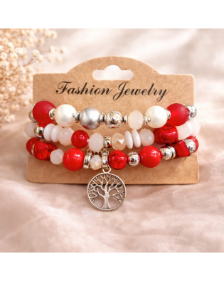 Ефектна дамска гривна с червени мъниста и висулка дървото на живота