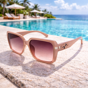 Дамски слънчеви очила квадратни Rose – големи бежово-розови с цветни стъкла и UV защита