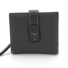 Дамски портфейл от естествена кожа със закопчаване и цип в черно Дамски портфейл от естествена кожа със закопчаване и цип в черно