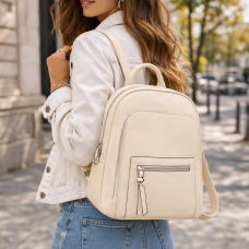 Дамска кожена раница светло бежова с две отделения