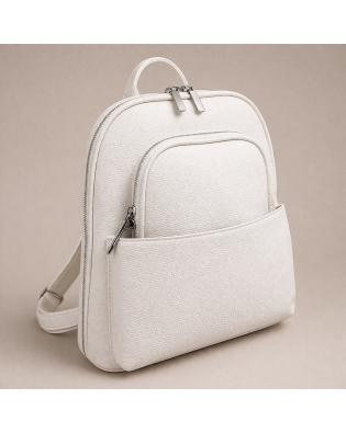 Бяла дамска раница от еко кожа с удобен преден джоб и цип Бяла дамска раница от еко кожа с удобен преден джоб и цип