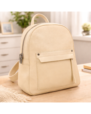 Дамска бежова раница от еко кожа с преден джоб и цип