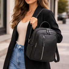 Дамска раница голяма в черно от еко кожа с две отделения