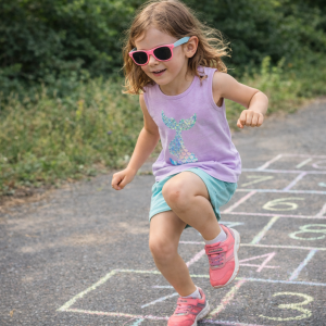 Детски слънчеви очила за момиче с поляризация – нечуплива розова рамка със сини дръжки