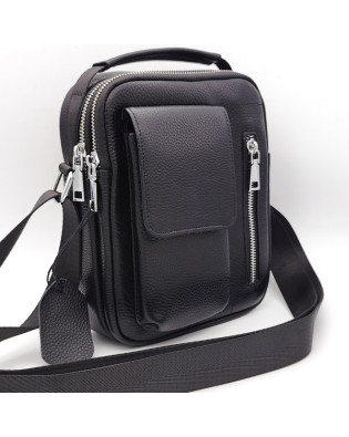 Мъжка чанта от естествена кожа с преден джоб с капак и страничен цип 