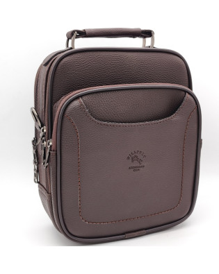 Мъжка чанта от висококачествена еко кожа в кафяв цвят с обемен преден джоб и два ципа