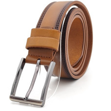 Мъжки колан от естествена кожа светло кафяв с декоративни шевове BOSSKAN