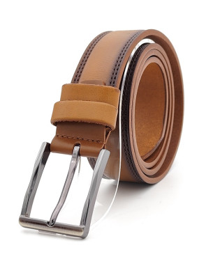 Елегантен мъжки колан светло кафяв с декоративен шев естествена кожа