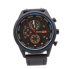 Мъжки часовник с черен корпус и кожена каишка с шевове