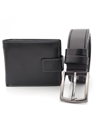 Мъжки комплект колан и портфейл с шевове-Естествена кожа
