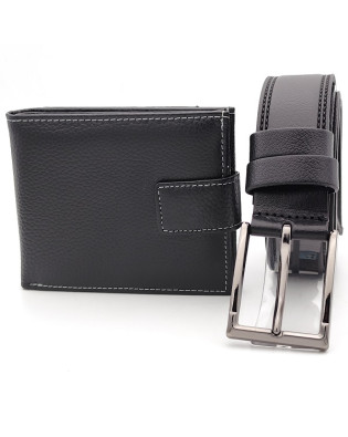 Мъжки колан с два шева и портфейл -Подаръчен комплект от естествена кожа