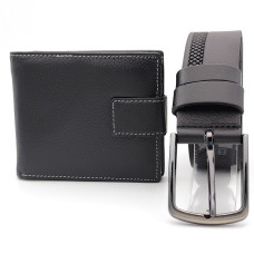 Подарък за мъж-Колан с декорация и портфейл в черно от естествена кожа