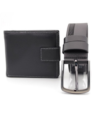 Подарък за мъж-Колан с декорация и портфейл в черно от естествена кожа