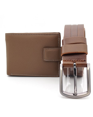 Мъжки комплект колан  и портфейл в кафяво-Естествена кожа 