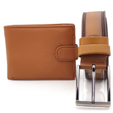 Колан и портфейл мъжки комплект в светло кафяво-Естествена кожа 