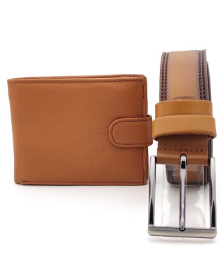 Колан и портфейл мъжки комплект в светло кафяво-Естествена кожа 