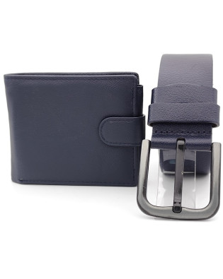 Комплект колан и портфейл в синьо-Подарък  за мъж от естествена кожа 