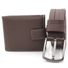 Подаръчен комплект за мъж-Колан и портфейл естествена кожа в тъмно кафяво 