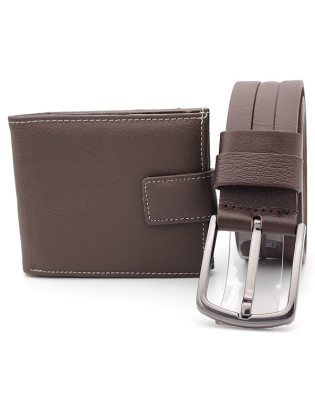 Подаръчен комплект за мъж-Колан и портфейл естествена кожа в тъмно кафяво 