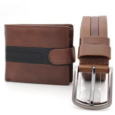 Комплект колан и портфейл от естествена кожа в кафяво и черно