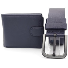 Мъжки комплект колан и портфейл в тъмно синьо от естествена кожа