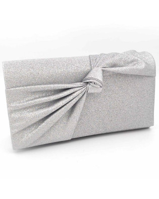 Официална чанта клъч сребриста с брокат и декоративна панделка