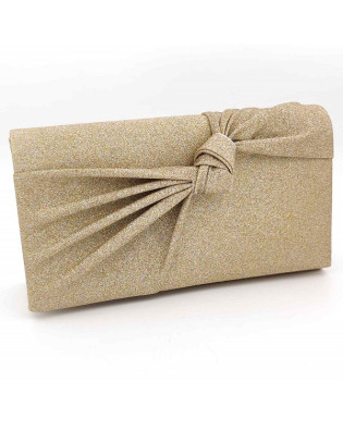 Чанта клъч златиста с брокат и декоративна панделка