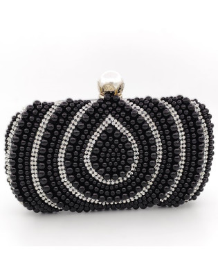 Официална чанта клъч черна с перли и бели камъни