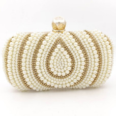 Официална чанта клъч златиста с бели перли и камъни
