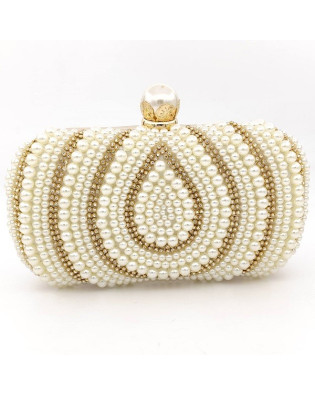 Официална чанта клъч златиста с бели перли и камъни