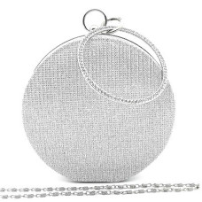 Официална дамска чанта клъч малка, кръгла, сребриста, твърда