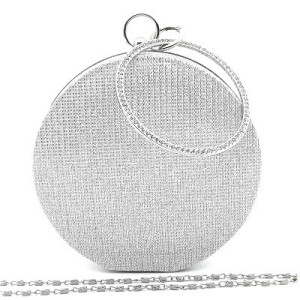 Официална дамска чанта клъч малка, кръгла, сребриста, твърда