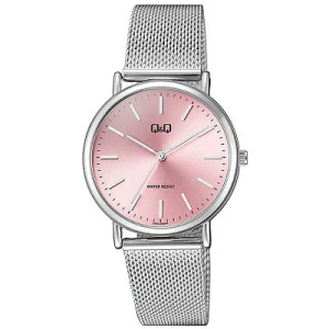 Дамски часовник с метална верижка в сребрист цвят и розов циферблат Q&Q-Q05A-004PY