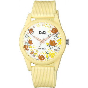 Дамски аналогов часовник в жълто с цветя Q&Q