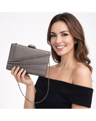 Офицална чанта клъч сив сатен декорирана с 3 реда камъни 