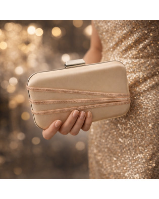 Официална дамска чанта клъч в бежово сатенена с камъни