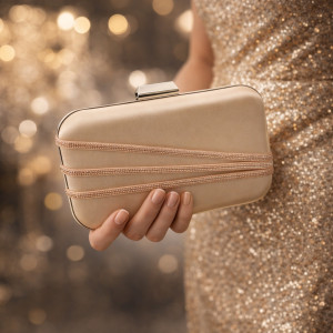 Официална дамска чанта клъч в бежово сатенена с камъни