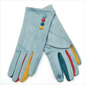 Дамски ръкавици в небесно синьо с копчета и шарени пръсти