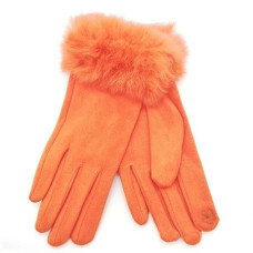 Дамски ръкавици в оранжево с пух от естествен косъм