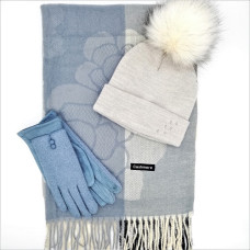 Стилен дамски комплект шапка, шал и ръкавици в бежово и синьо