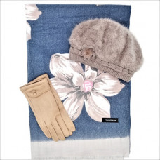 Шапка, шал и ръкавици-дамски зимен комплект в синьо и бежово