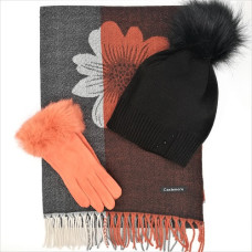 Топъл дамски комплект шапка, шал и ръкавици в черно и оранжево с цвете