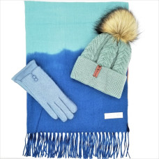 Уникален дамски зимен комплект шапка, шал и ръкавици в синьо и зелено