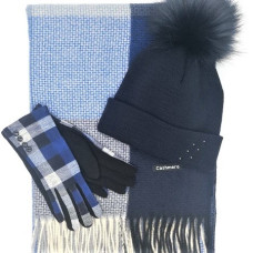 Кашмирен шал с ресни, шапка с помпон и ръкавици в синьо дамски комплект