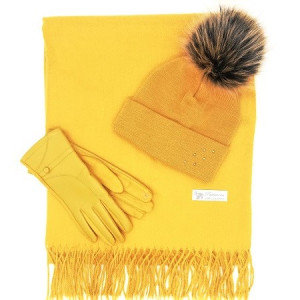 Дамски зимен комплект шал, шапка и ръкавици горчица
