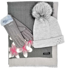 Дамски зимен комплект  шапка, шал и ръкавици в сиво