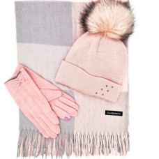 Дамски зимен комплект в розово и сиво шапка, шал и ръкавици
