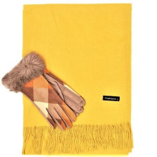 Модерен дамски комплект шал и ръкавици в цвят горчица
