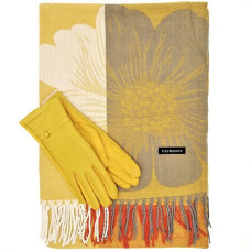 Дамски шал с ресни и ръкавици в цвят горчица