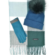 Дамски зимен комплект-шал, шапка и ръкавици в синьо и зелено